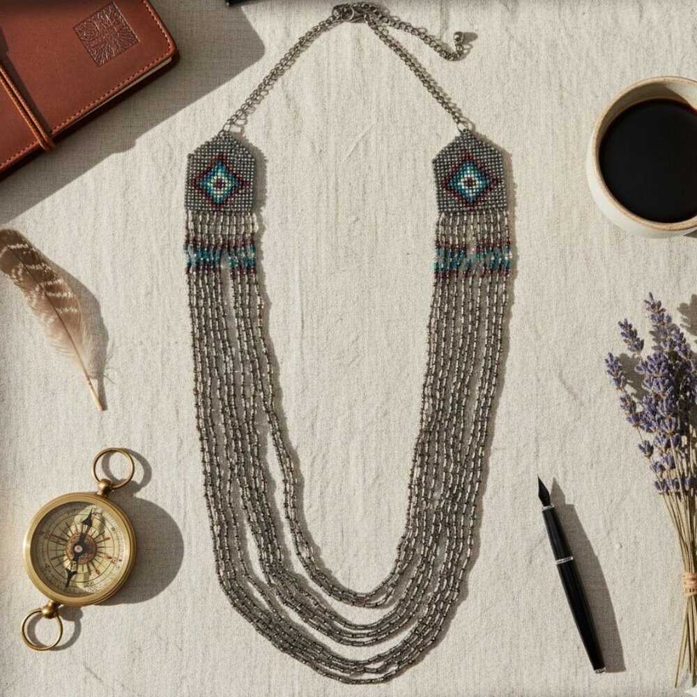 ✨ Artisan Style Hand-Beaded Multi-Strand Fringe Necklace ✨ - Picture 3 of 7